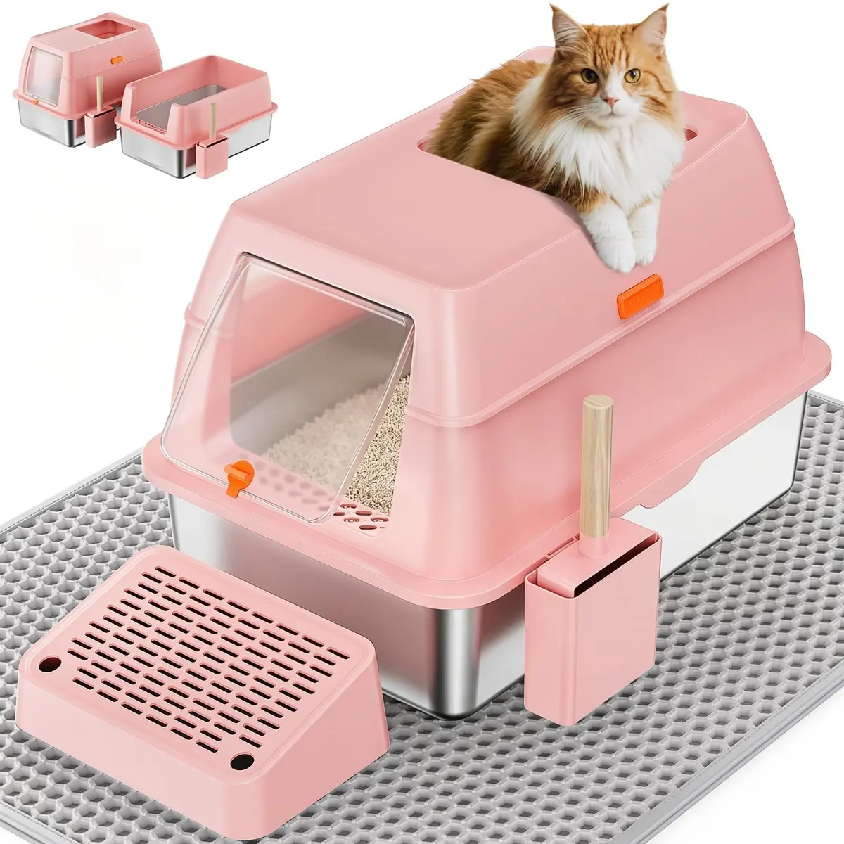 PEDIBAT XL Stainless Steel Litter Box with Lid, Enclosed Metal Cat Pan | Extra Large High-Sided Cat Litter Box for All Sizes - main product image