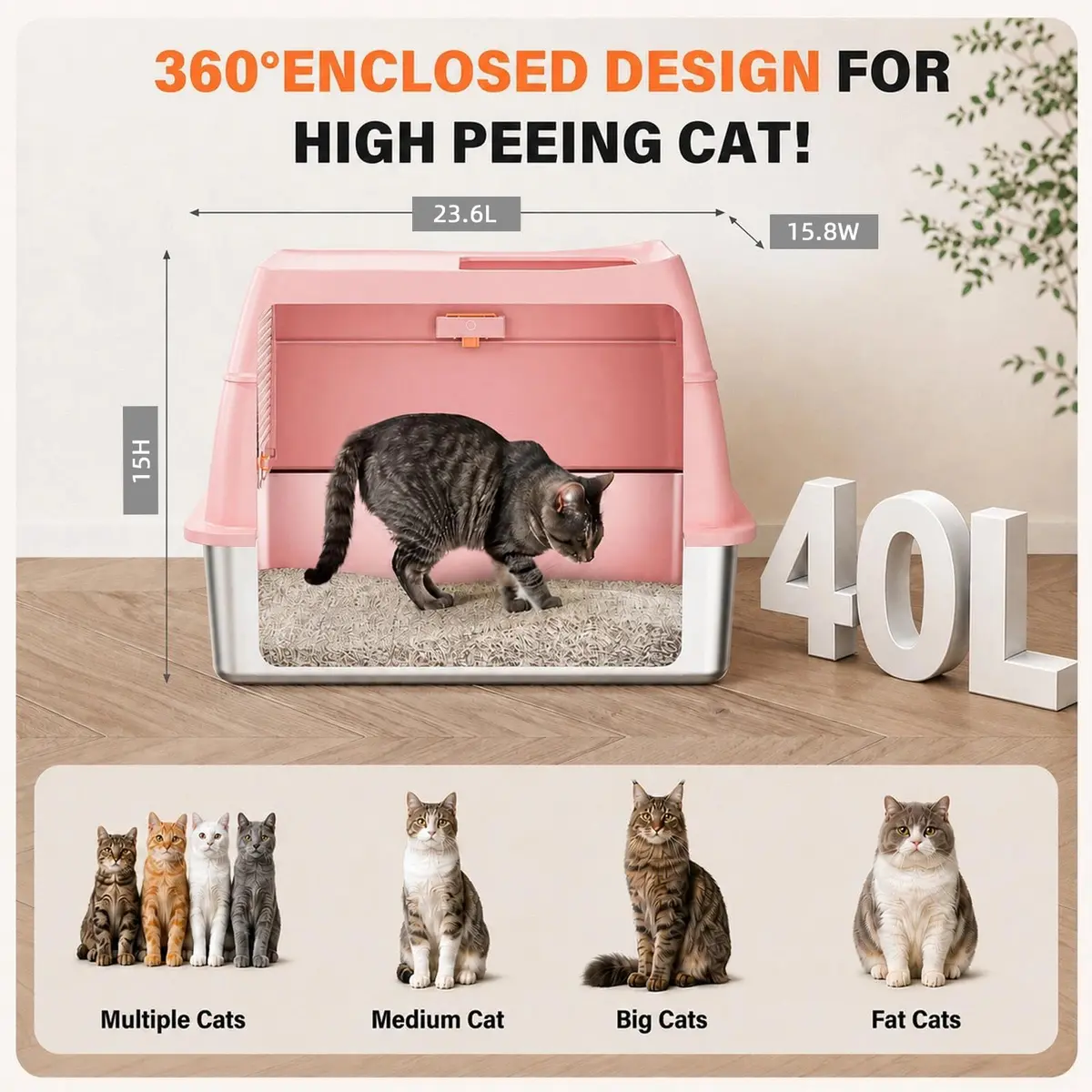 PEDIBAT XL Stainless Steel Litter Box with Lid, Enclosed Metal Cat Pan | Extra Large High-Sided Cat Litter Box for All Sizes - view 4