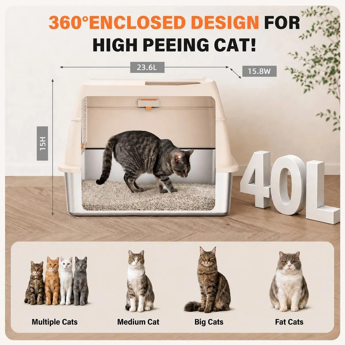 PEDIBAT XL Stainless Steel Litter Box with Lid, Enclosed Metal Cat Pan | Extra Large, High-Sided, Odor-Free - view 4