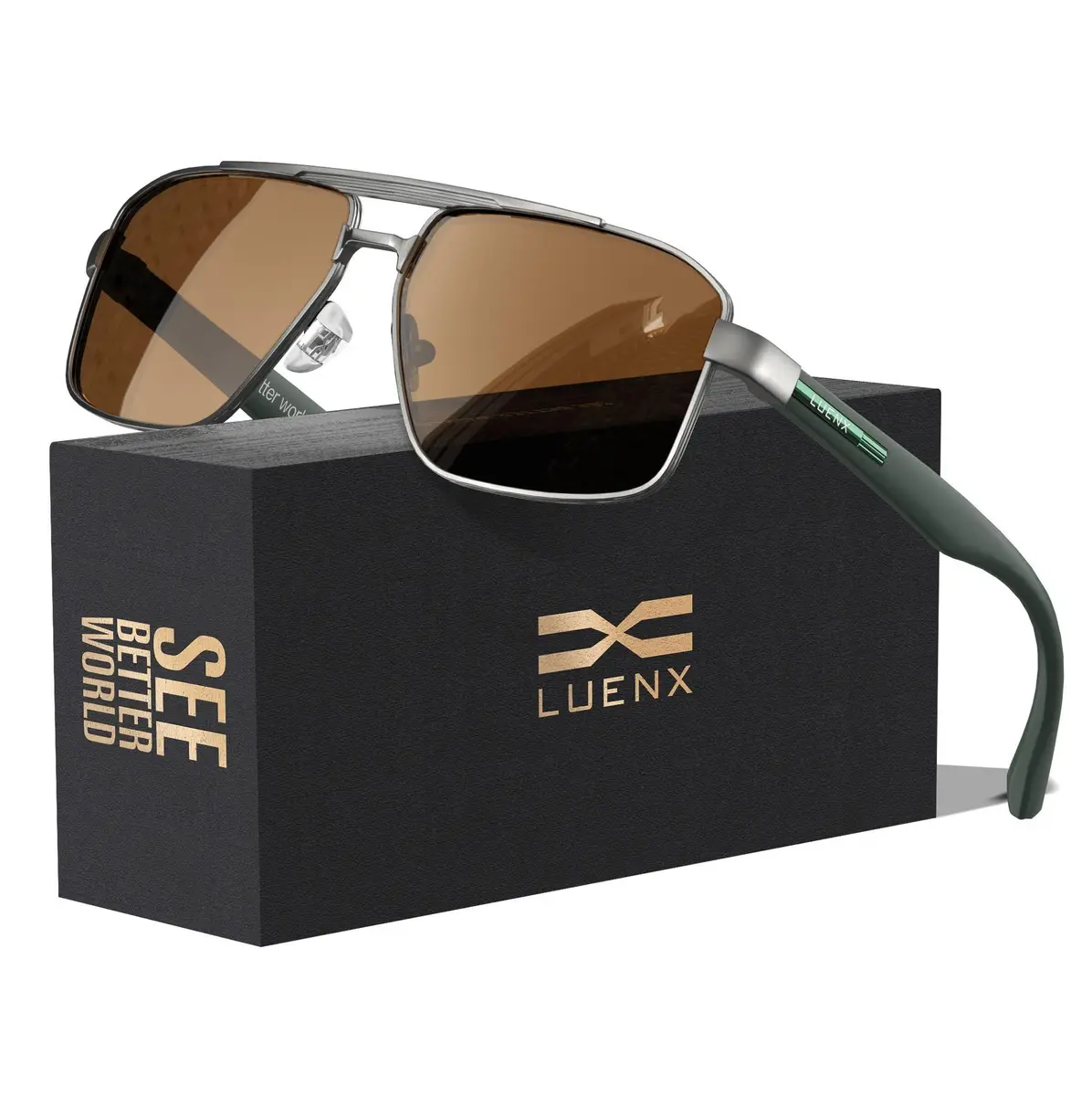 Luenx Polarized Aviator Sunglasses for Men & Women | 60mm (2.36in) Brown Lens, Gunmetal Frame - main product image