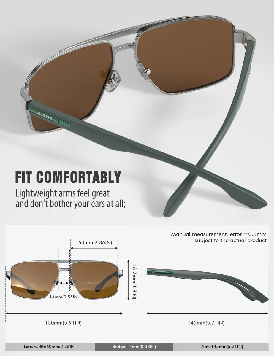 Luenx Polarized Aviator Sunglasses for Men & Women | 60mm (2.36in) Brown Lens, Gunmetal Frame - view 4