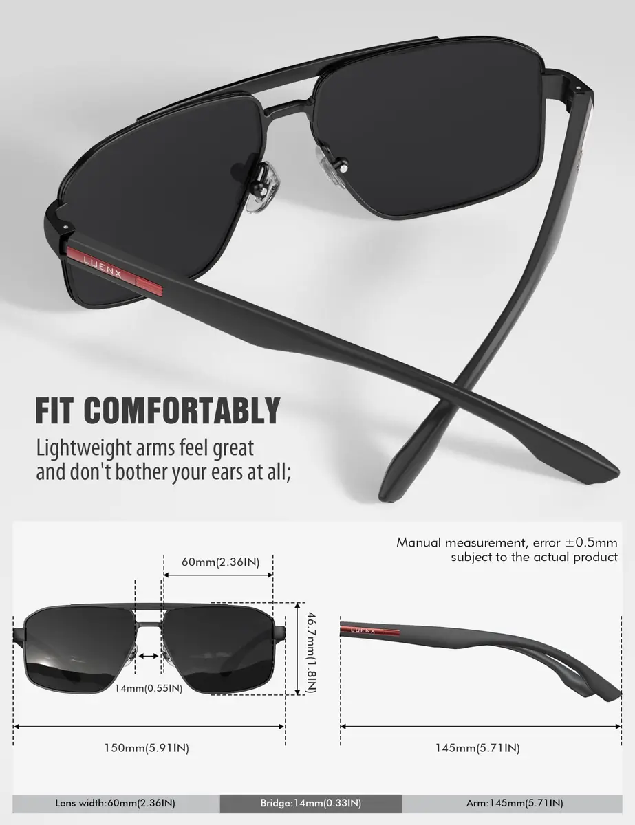 Luenx Polarized Aviator Sunglasses for Men & Women | 60mm Square UV400 Driving - view 4