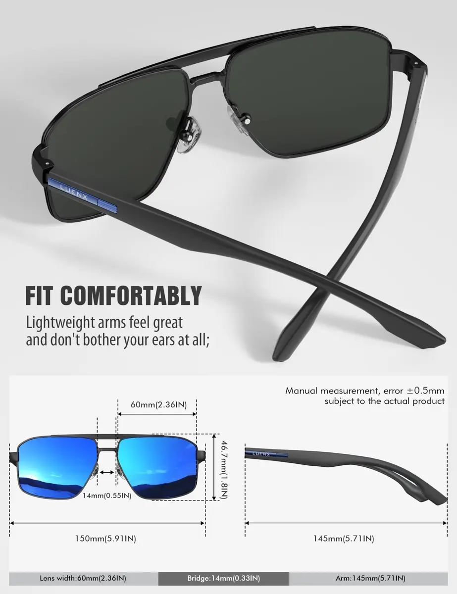 Luenx Polarized Aviator Sunglasses for Men & Women | 60mm (2.36 in) Lens Width, 145mm (5.7 in) Arm Length - view 4