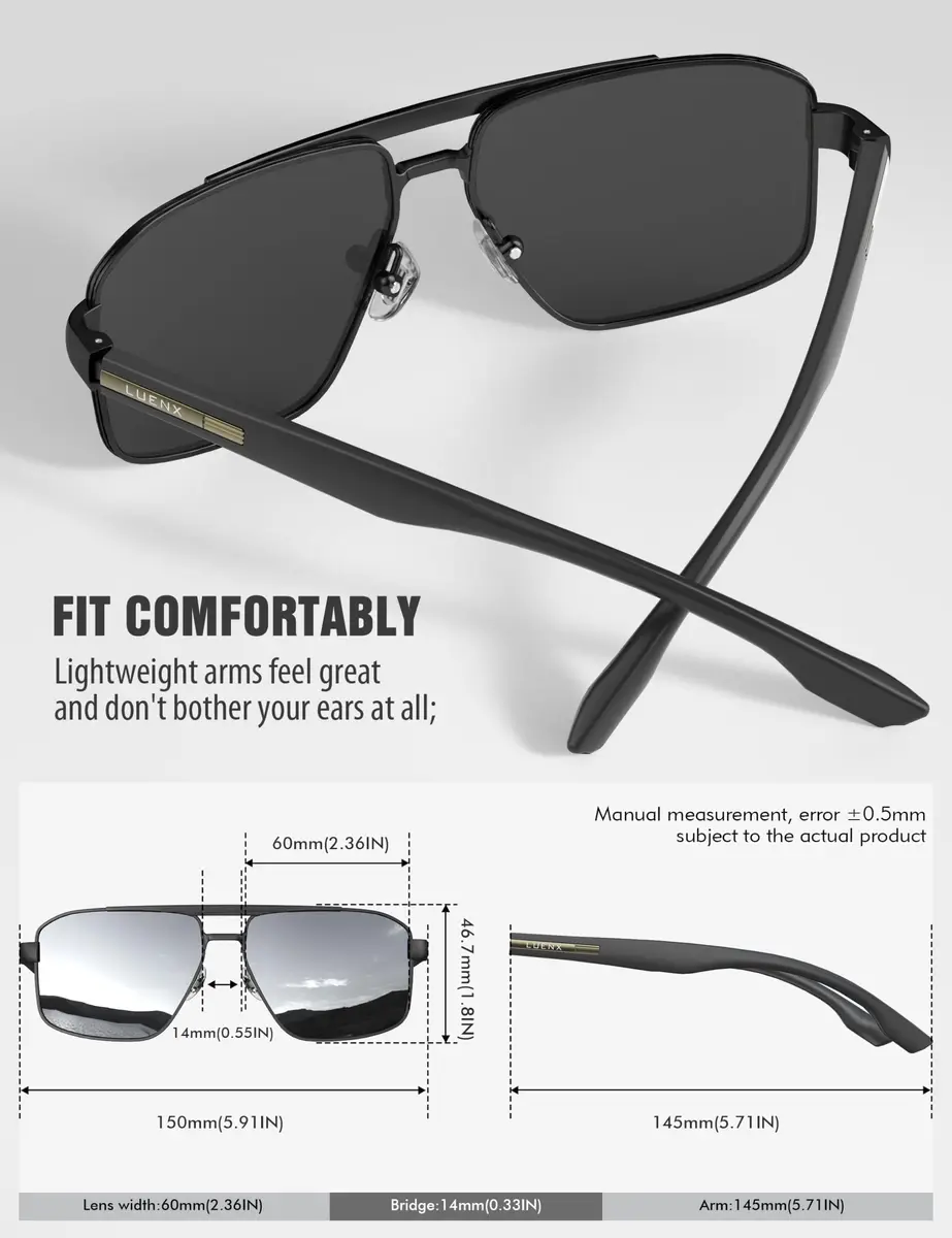 Luenx Polarized Aviator Sunglasses for Men & Women | 60mm (2.36 in) Square Lens - view 4