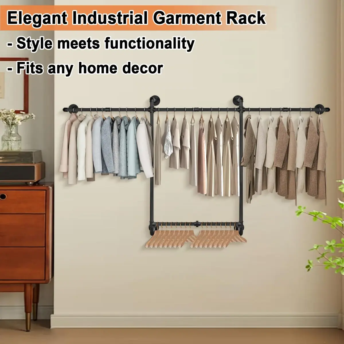 Livabber Industrial Pipe Clothes Rack 2 Tier 82 Inch Black | Heavy Duty Wall Mounted Garment Organizer - view 4