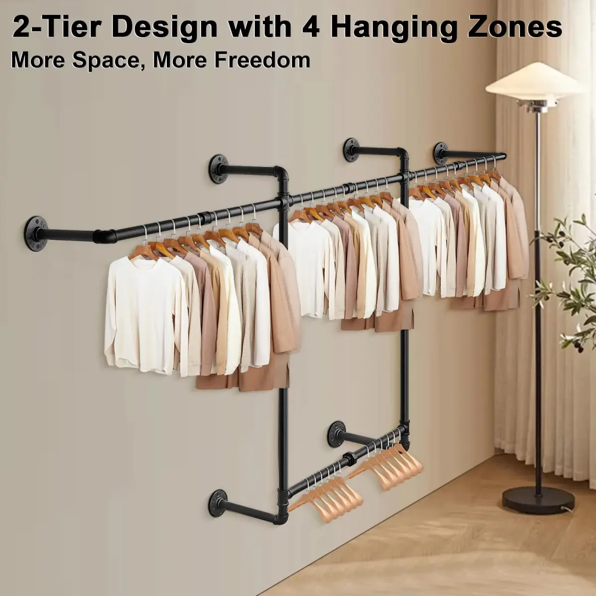 Livabber Industrial Pipe Clothes Rack 2 Tier 82 Inch Black | Heavy Duty Wall Mounted Garment Organizer - view 5