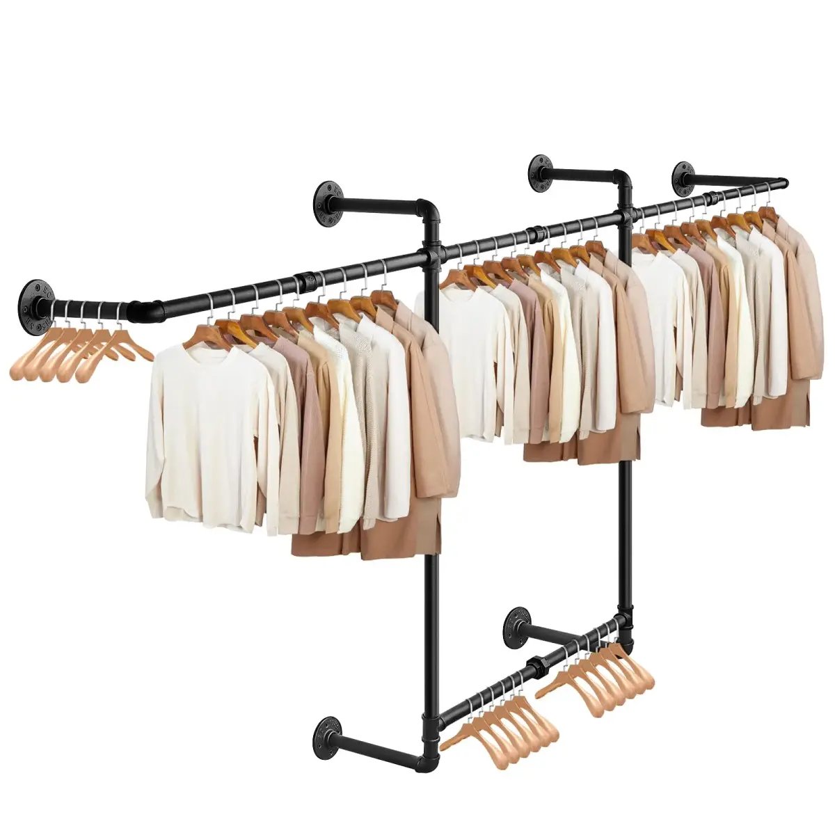 Livabber Industrial Pipe Clothes Rack 2 Tier 82 Inch Black | Heavy Duty Wall Mounted Garment Organizer - main product image