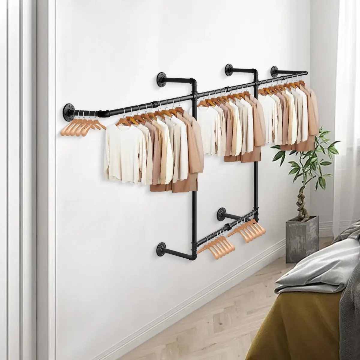 Livabber Industrial Pipe Clothes Rack 2 Tier 82 Inch Black | Heavy Duty Wall Mounted Garment Organizer - view 7