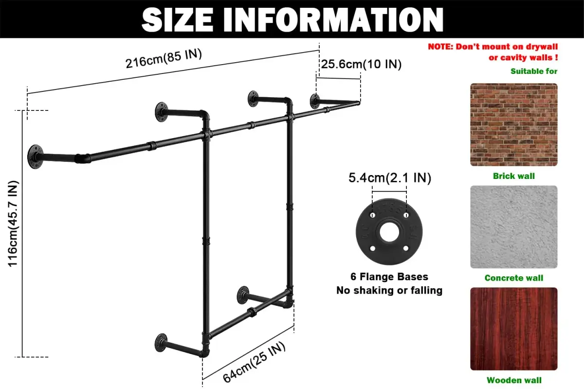 Livabber Industrial Pipe Clothes Rack 2 Tier 82 Inch Black | Heavy Duty Wall Mounted Garment Organizer - view 2
