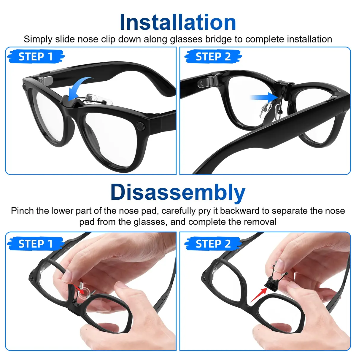 RCstyle HiBloks Eyeglass Nose Pads for Ray-Ban Meta Wayfarer Gen 1 & Gen 2 (Split Type, Black) - view 7