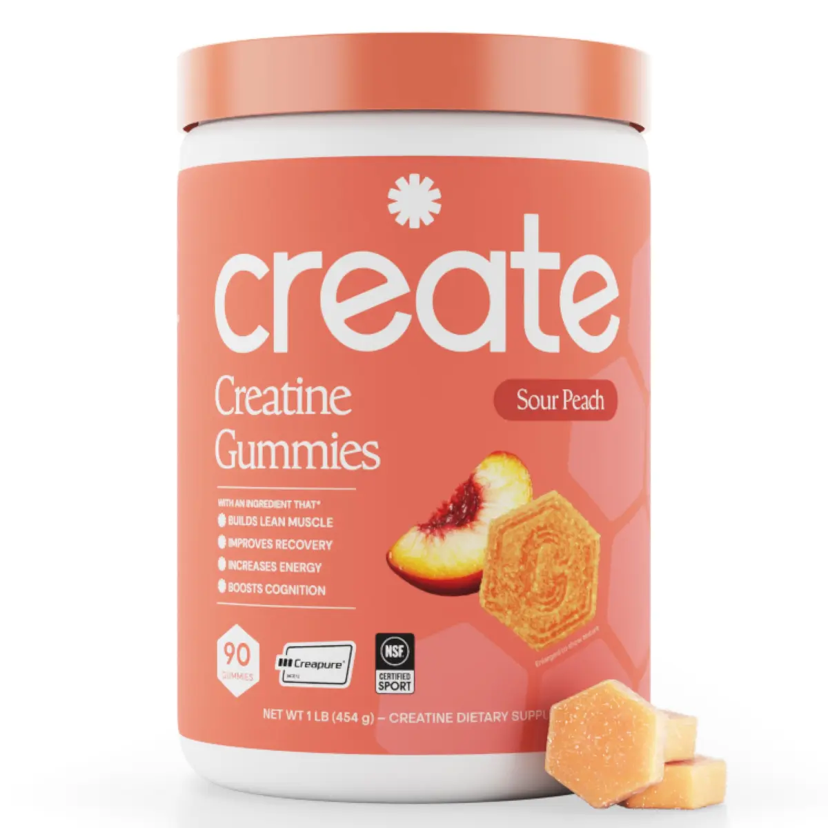 Create Creatine Monohydrate Gummies for Men & Women, Boost Focus, Strength, and Endurance, Anti-Melting Formula, Vegan, Gluten-Free, Non-GMO, 1.5g of Creatine per Gummy (Sour Peach) | 90 Count (405g) - main product image