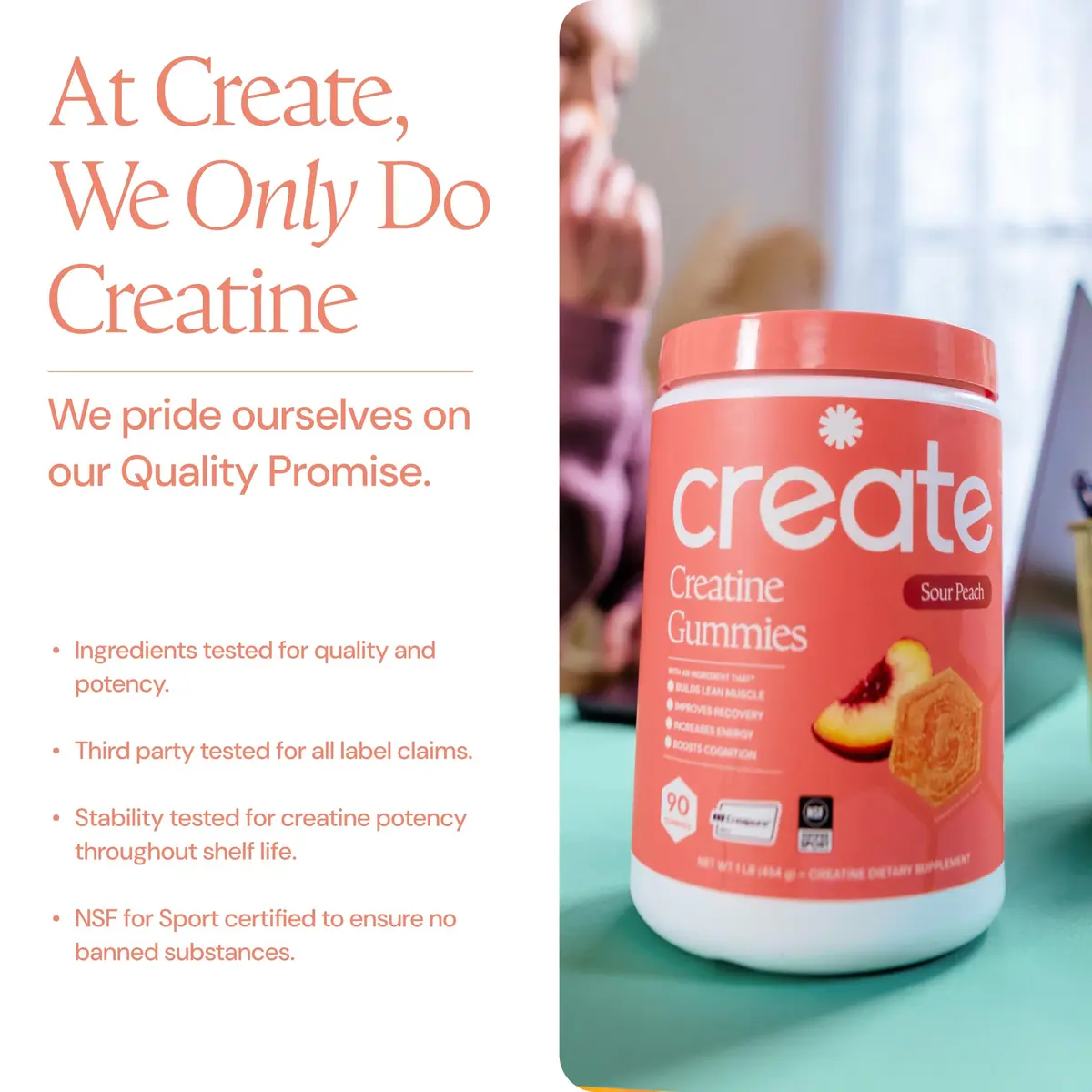 Create Creatine Monohydrate Gummies for Men & Women, Boost Focus, Strength, and Endurance, Anti-Melting Formula, Vegan, Gluten-Free, Non-GMO, 1.5g of Creatine per Gummy (Sour Peach) | 90 Count (405g) - view 5