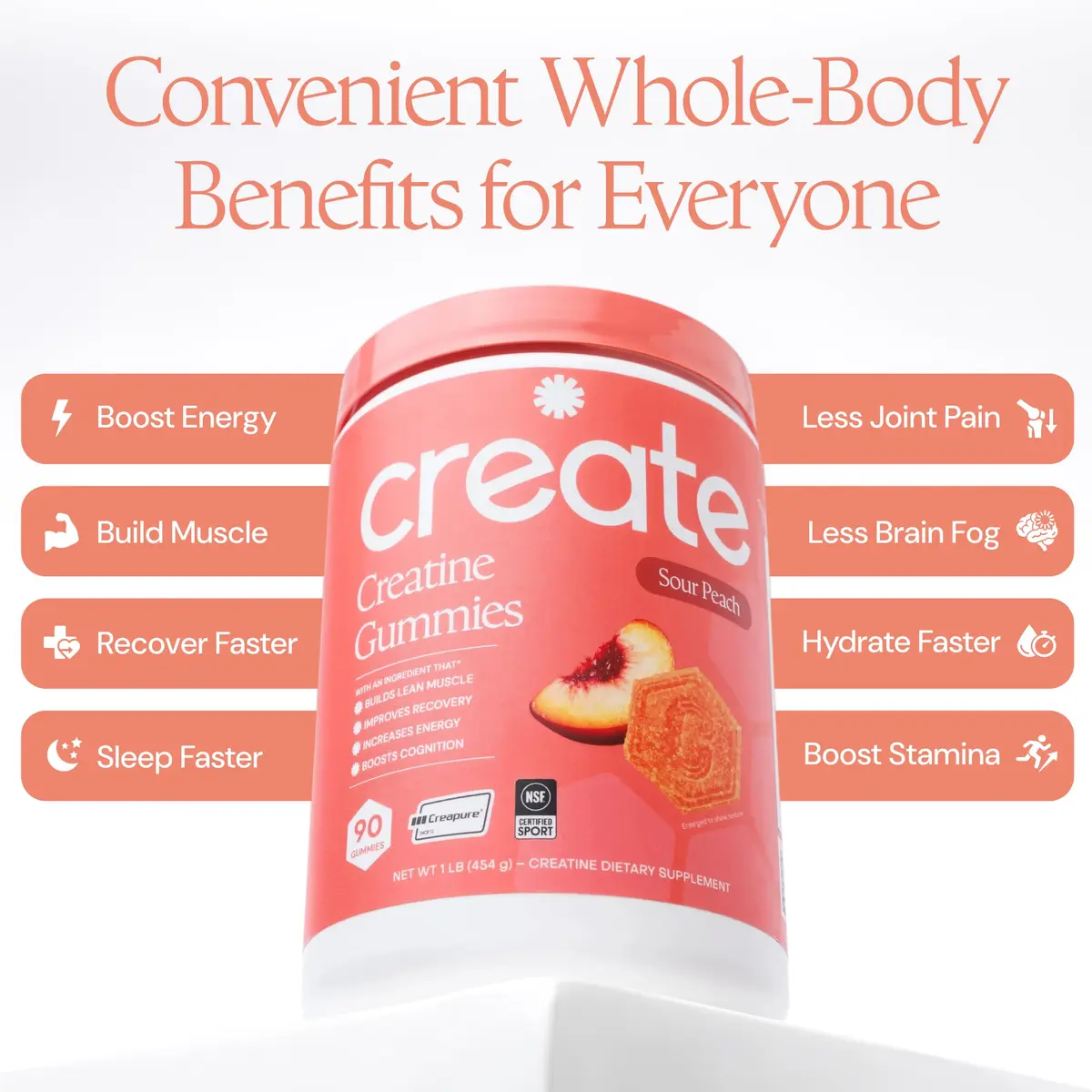 Create Creatine Monohydrate Gummies for Men & Women, Boost Focus, Strength, and Endurance, Anti-Melting Formula, Vegan, Gluten-Free, Non-GMO, 1.5g of Creatine per Gummy (Sour Peach) | 90 Count (405g) - view 4