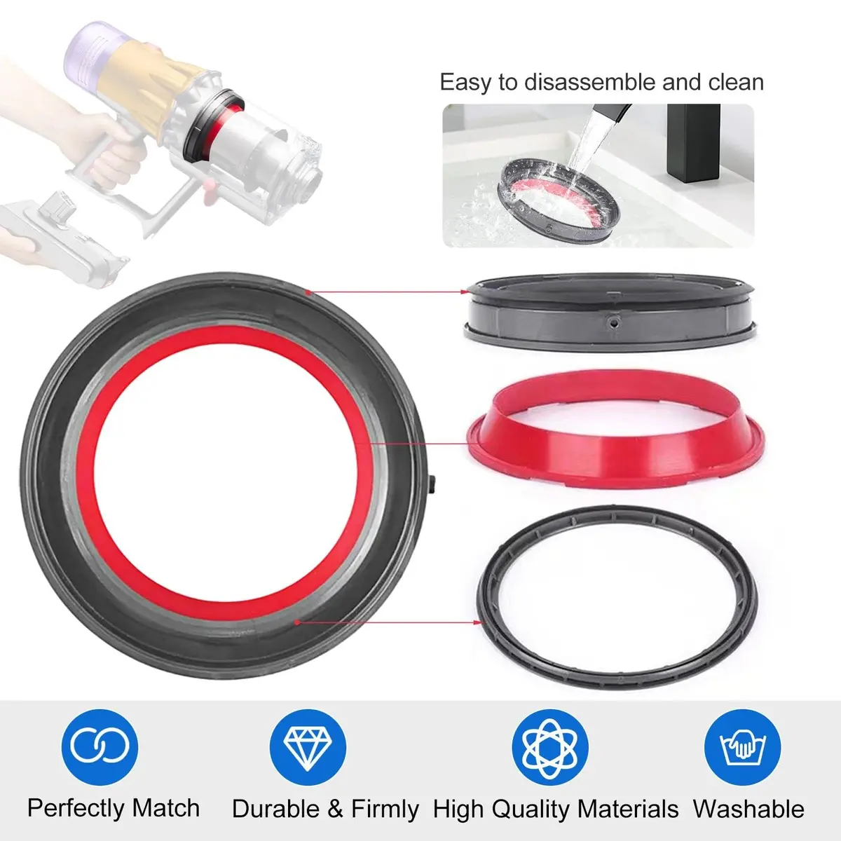 Vanclearidea Dust Bin Sealing Ring for Dyson V12 (SV18 SV20) Vacuum Cleaner | Red Rubber Replacement Part - view 3