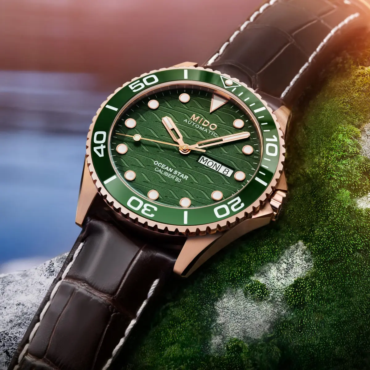 MIDO Ocean Star 200C Swiss Automatic Watch 42.5mm Green Dial Brown Leather - view 6