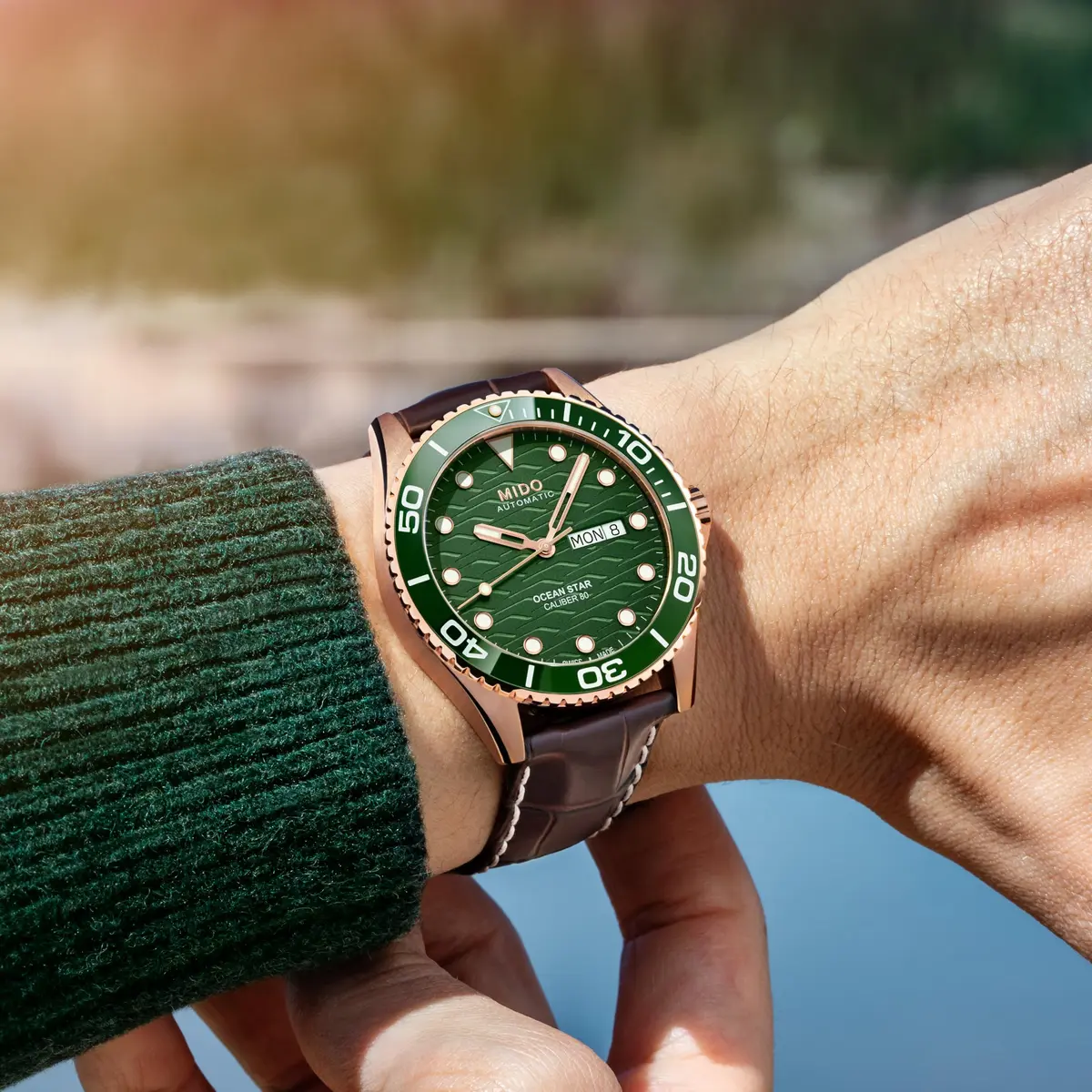 MIDO Ocean Star 200C Swiss Automatic Watch 42.5mm Green Dial Brown Leather - view 2