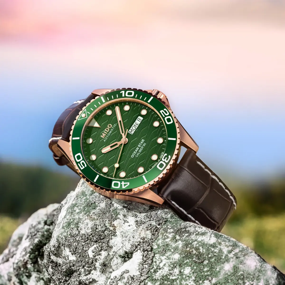 MIDO Ocean Star 200C Swiss Automatic Watch 42.5mm Green Dial Brown Leather - view 3