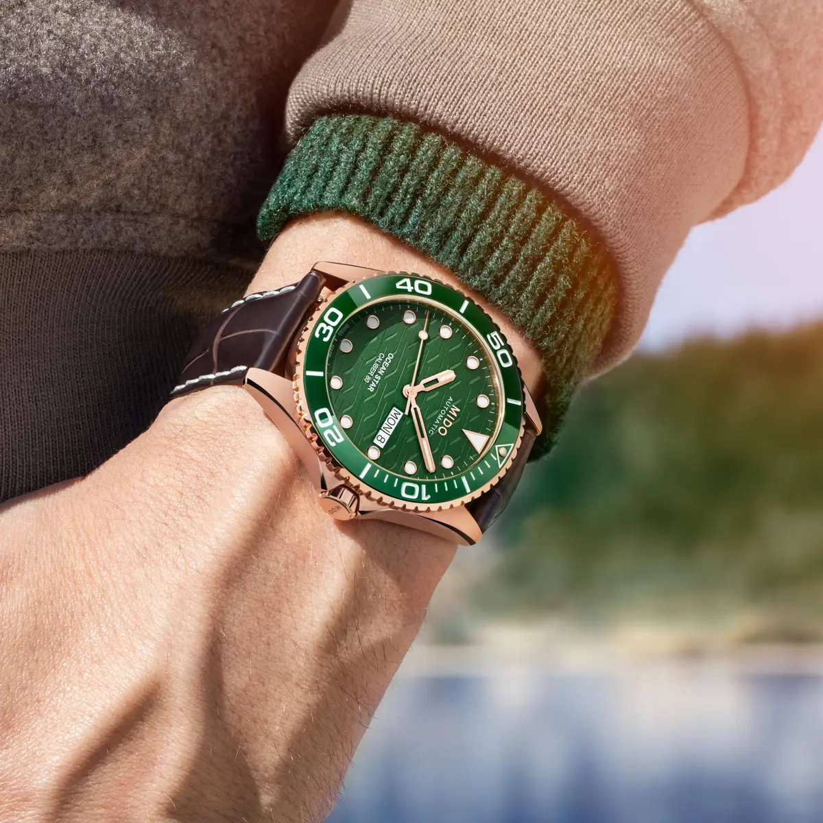 MIDO Ocean Star 200C Swiss Automatic Watch 42.5mm Green Dial Brown Leather - view 4