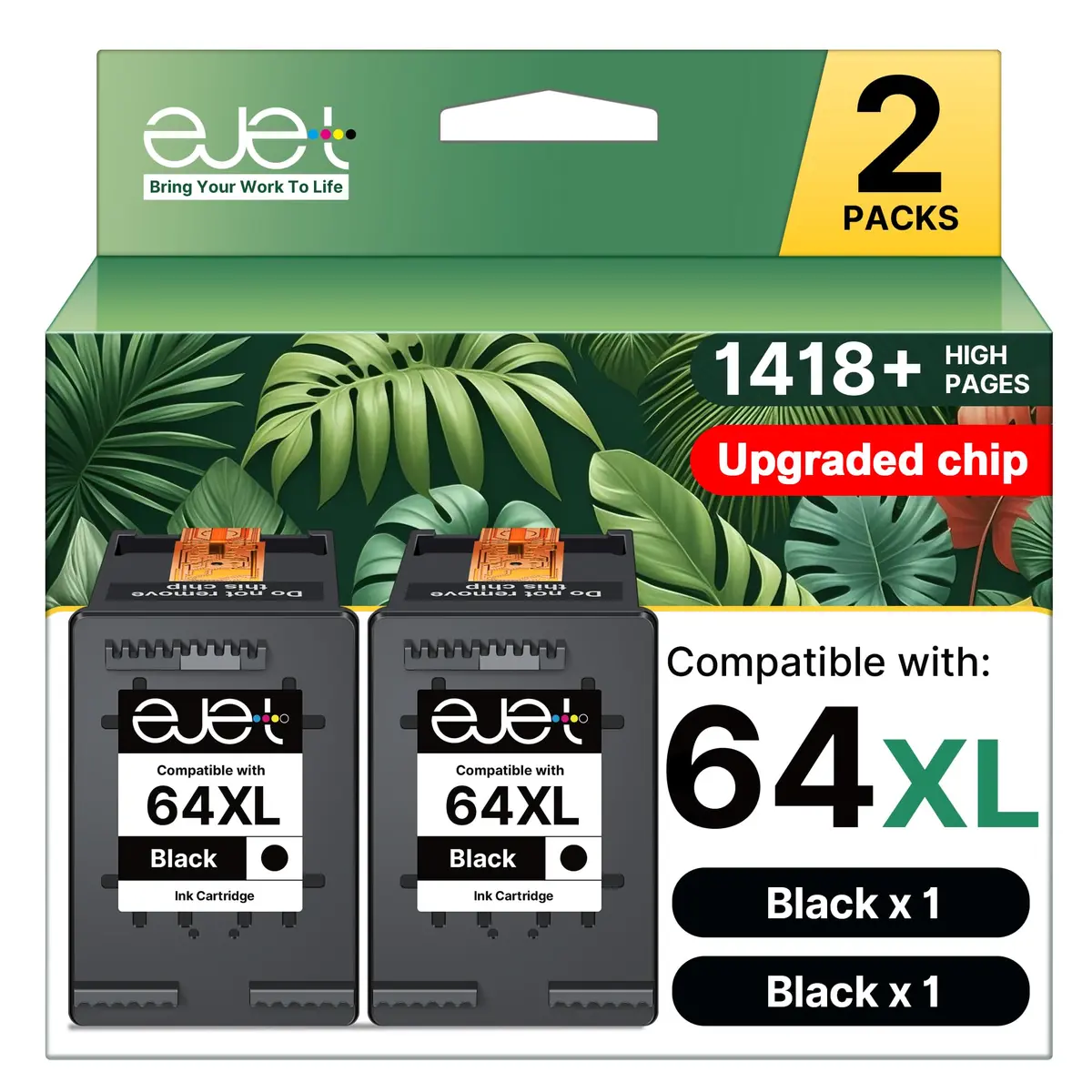 ejet 64XL Black Ink Cartridge 2 Pack | Compatible for HP Envy Photo & Inspire Series - main product image