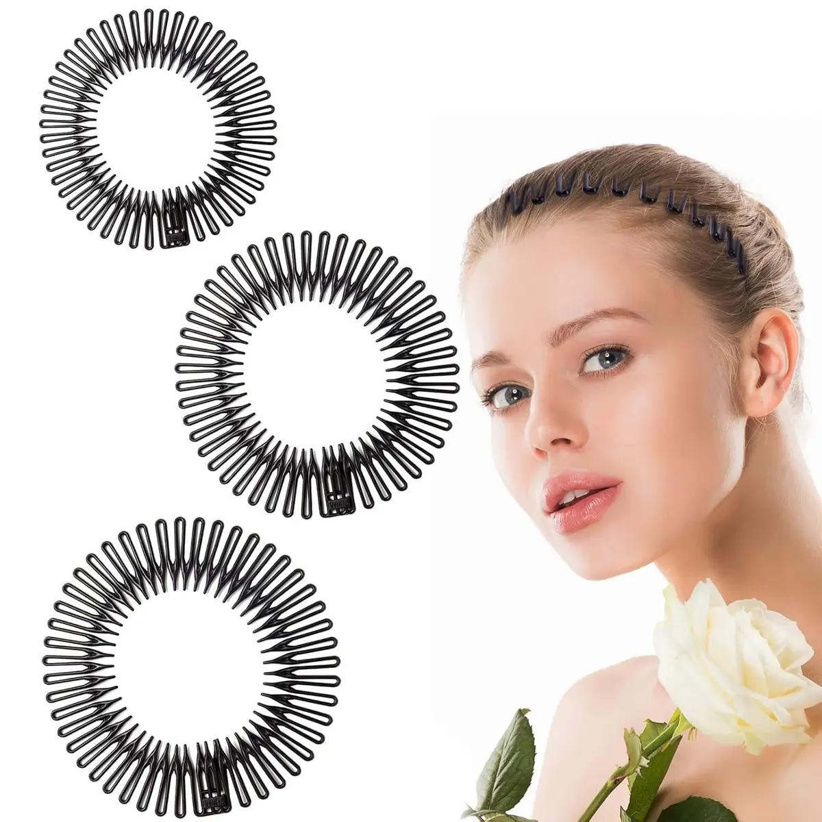 TUICARE Flexible Plastic Circular Stretch Hair Combs Headband Holder 10.5cm (3-Pack, Black) | No-Slip Grip for All Hair Types - view 6
