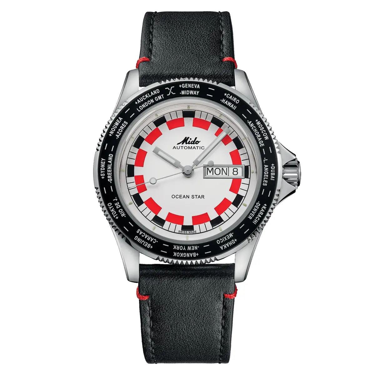 MIDO Ocean Star Worldtimer Swiss Automatic Watch for Men - 40.5mm Stainless Steel & Leather Strap - main product image