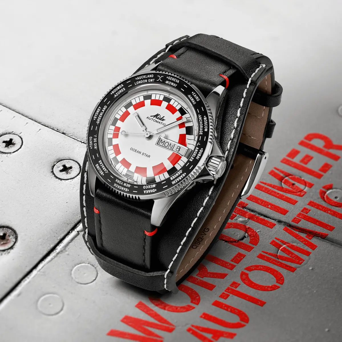 MIDO Ocean Star Worldtimer Swiss Automatic Watch for Men - 40.5mm Stainless Steel & Leather Strap - view 5