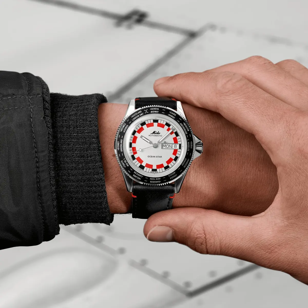 MIDO Ocean Star Worldtimer Swiss Automatic Watch for Men - 40.5mm Stainless Steel & Leather Strap - view 2
