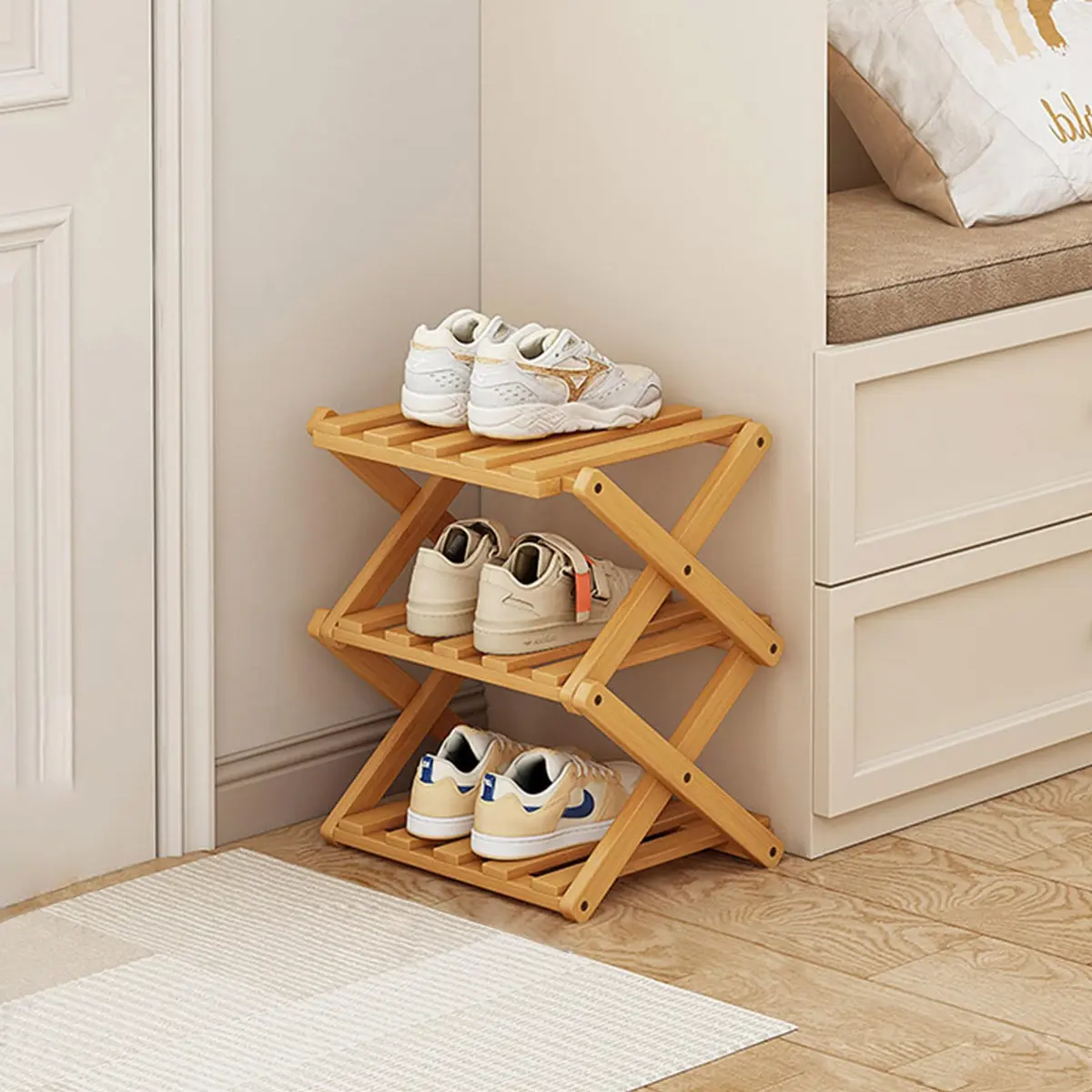 Akloya 3-Tier Folding Shoe Rack 27cm x 26cm x 39cm | Natural Bamboo, Space-Saving Design - main product image