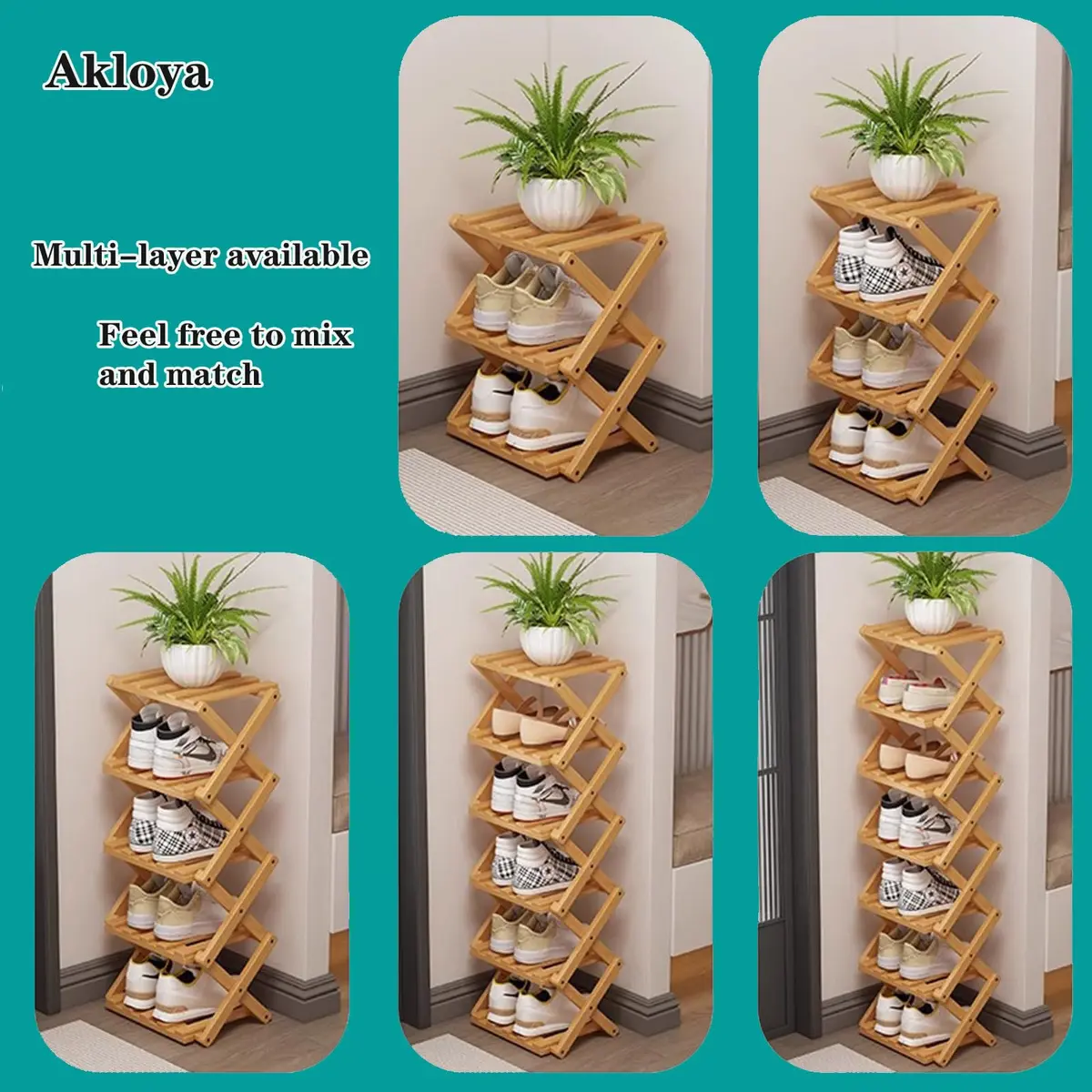 Akloya 3-Tier Folding Shoe Rack 27cm x 26cm x 39cm | Natural Bamboo, Space-Saving Design - view 6