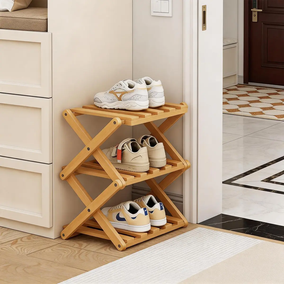 Akloya 3-Tier Folding Shoe Rack 27cm x 26cm x 39cm | Natural Bamboo, Space-Saving Design - view 7