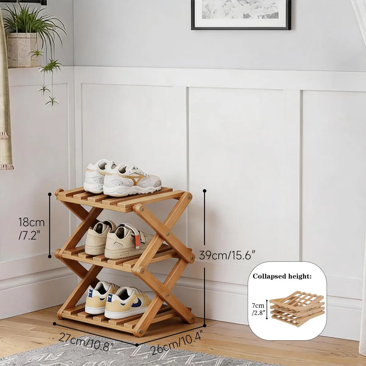Akloya 3-Tier Folding Shoe Rack 27cm x 26cm x 39cm | Natural Bamboo, Space-Saving Design - view 2