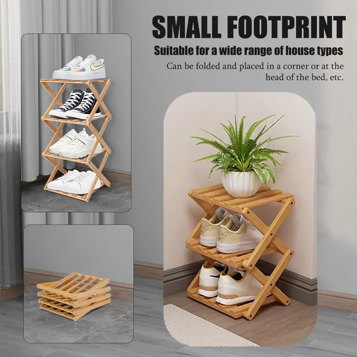 Akloya 3-Tier Folding Shoe Rack 27cm x 26cm x 39cm | Natural Bamboo, Space-Saving Design - view 3