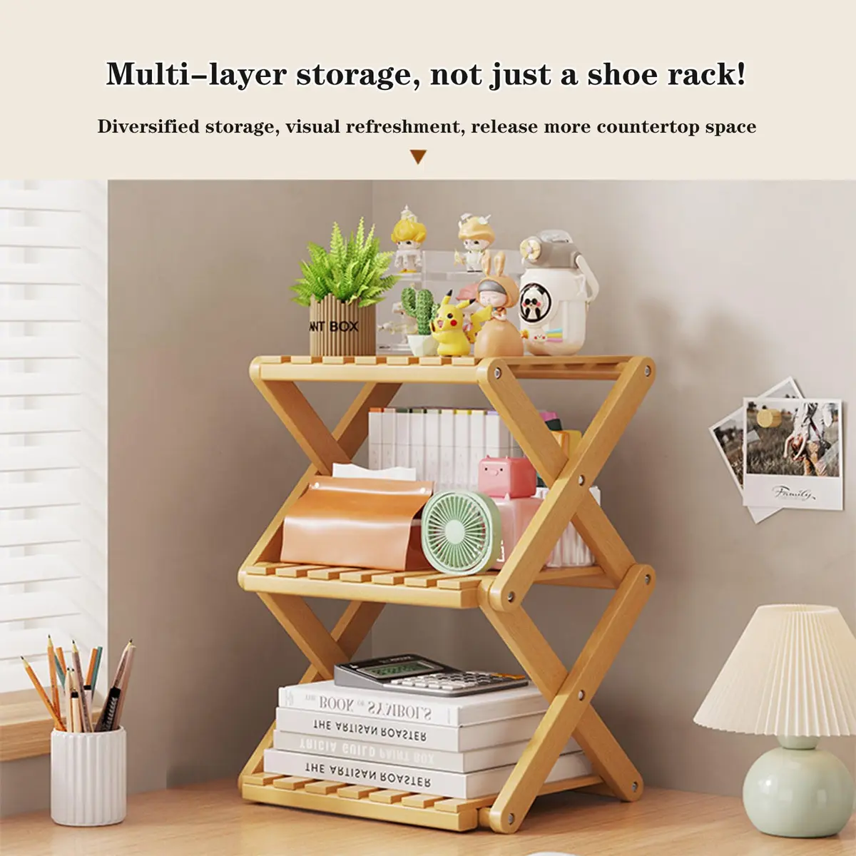 Akloya 3-Tier Folding Shoe Rack 27cm x 26cm x 39cm | Natural Bamboo, Space-Saving Design - view 4