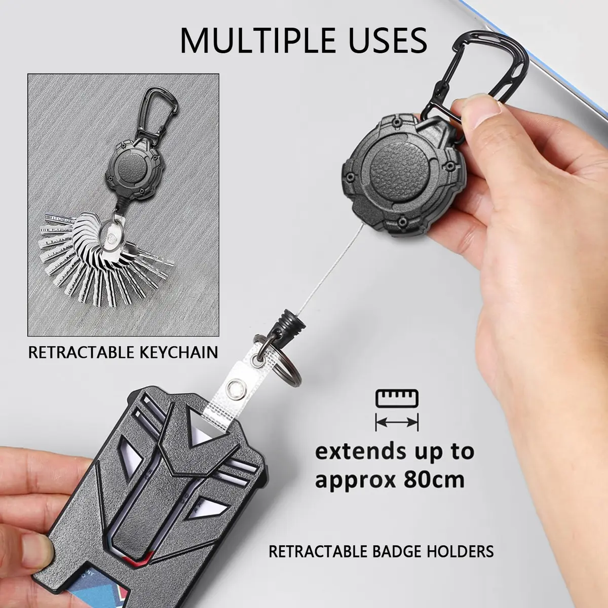 COOKOOKY Heavy Duty Retractable Badge Holder Clip with Carabiner & 2 Badge Reels, Black | 2-Pack - view 4