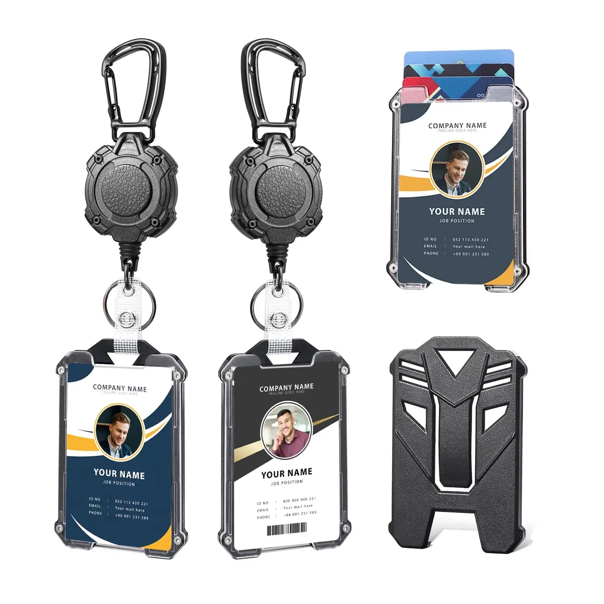 COOKOOKY Heavy Duty Retractable Badge Holder Clip with Carabiner & 2 Badge Reels, Black | 2-Pack - main product image