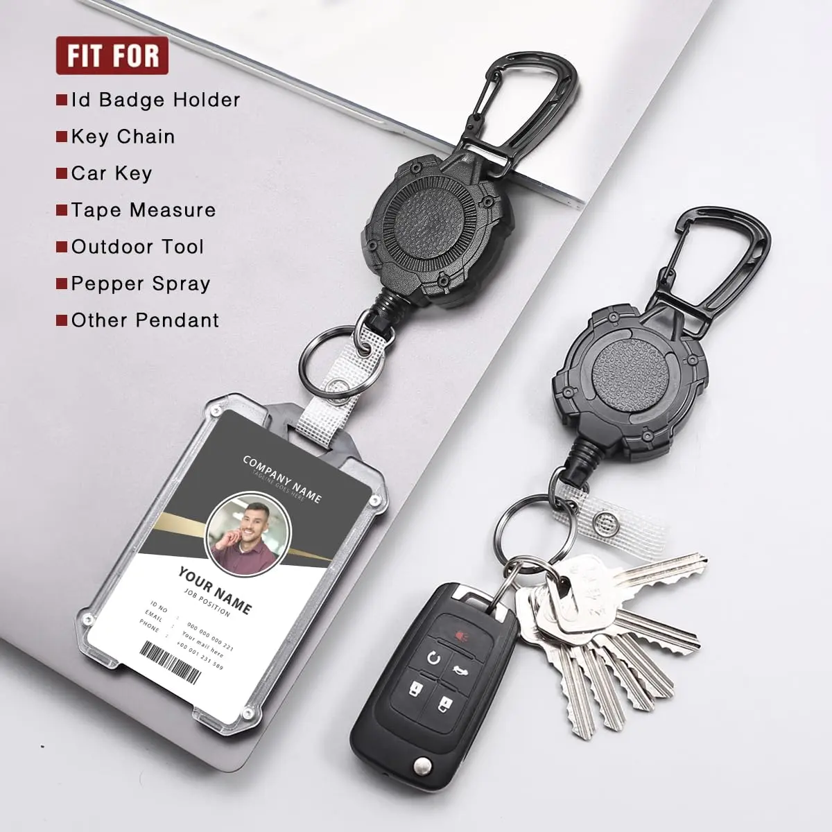 COOKOOKY Heavy Duty Retractable Badge Holder Clip with Carabiner & 2 Badge Reels, Black | 2-Pack - view 2