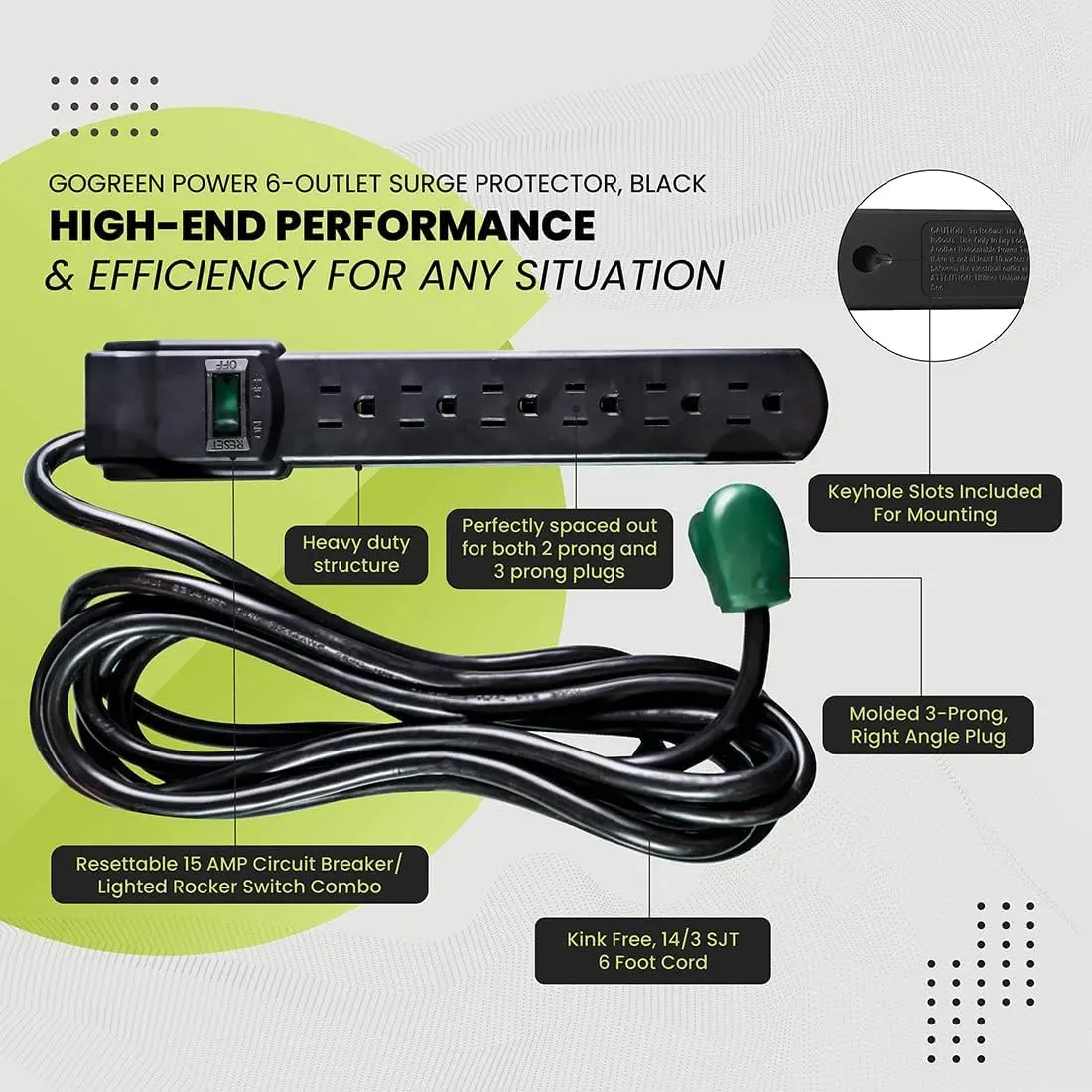 Power By GoGreen 6 Outlet Surge Protector 6ft Cord | Heavy Duty 250 Joules, Wall Mountable, Black - view 5