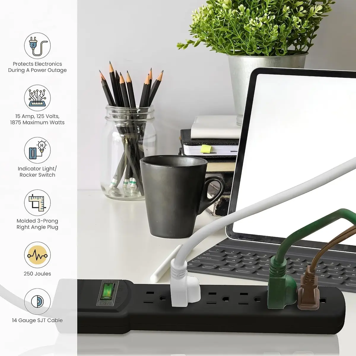 Power By GoGreen 6 Outlet Surge Protector 6ft Cord | Heavy Duty 250 Joules, Wall Mountable, Black - view 6