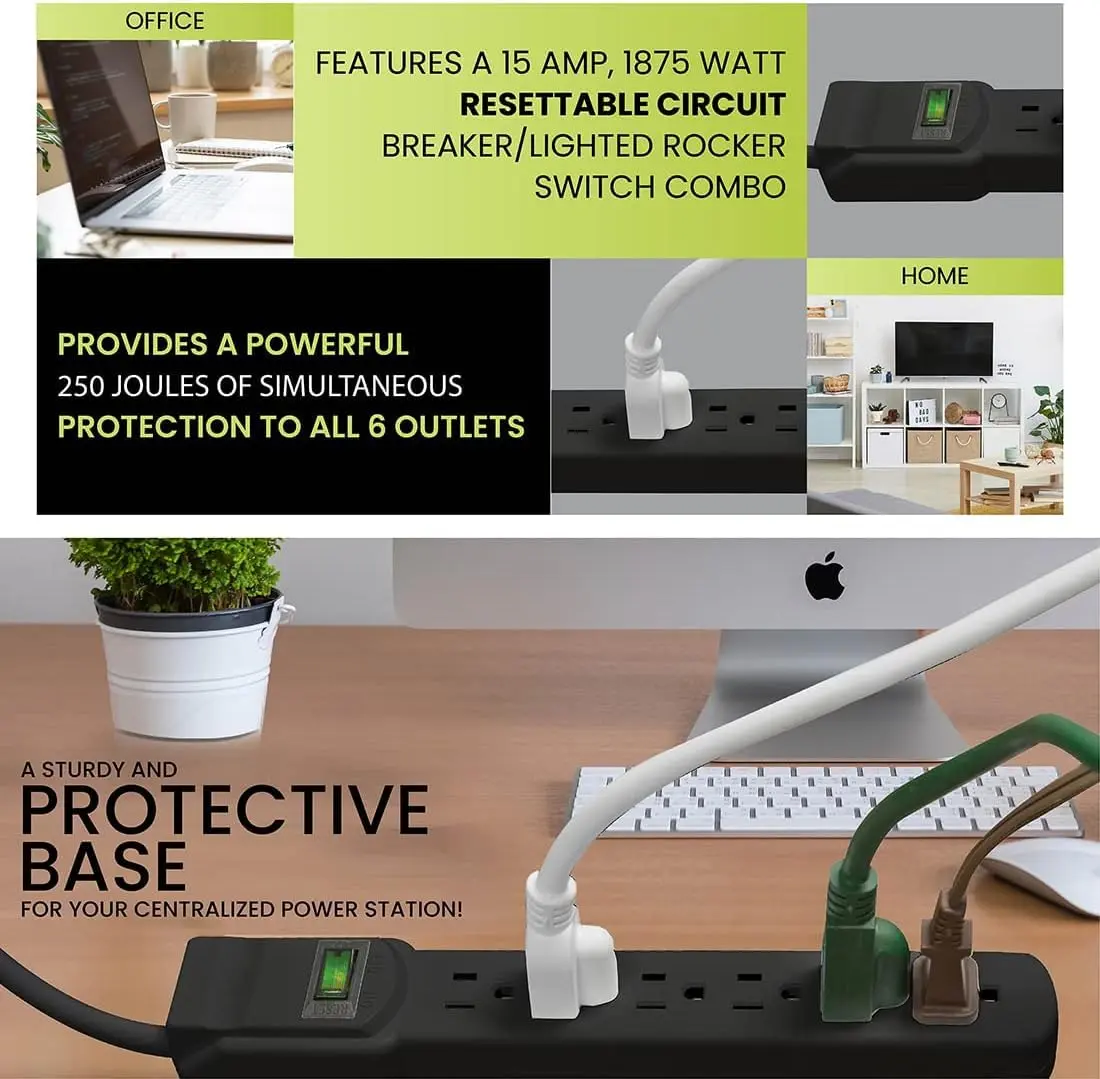 Power By GoGreen 6 Outlet Surge Protector 6ft Cord | Heavy Duty 250 Joules, Wall Mountable, Black - view 7