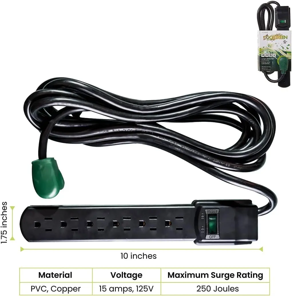 Power By GoGreen 6 Outlet Surge Protector 6ft Cord | Heavy Duty 250 Joules, Wall Mountable, Black - view 2