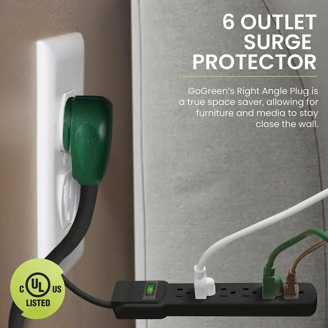 Power By GoGreen 6 Outlet Surge Protector 6ft Cord | Heavy Duty 250 Joules, Wall Mountable, Black - view 3