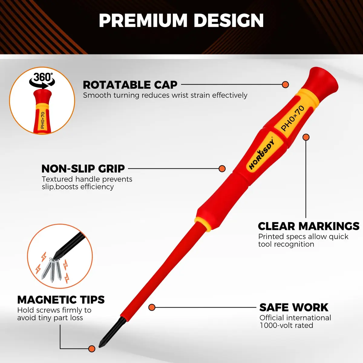HORUSDY 12-Piece Precision Screwdriver Set | 1000V Insulated, Magnetic Tips & Rotatable Cap for Electronics & Electrical Work - view 4