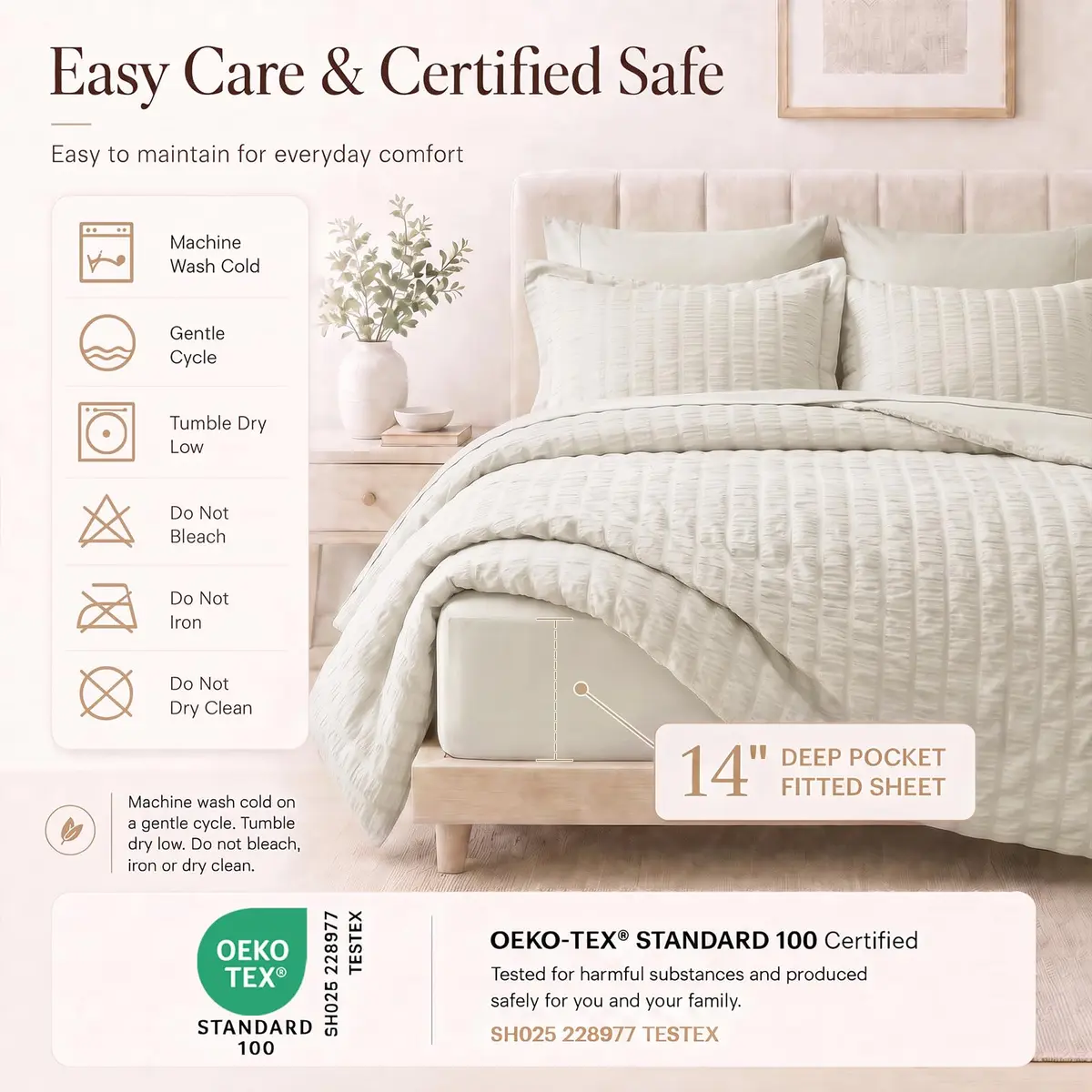 CozyLux Oversized King Comforter Set 120x98 in (305x249 cm), 7-Piece Beige Seersucker Bedding Set | OEKO-TEX Certified - view 5