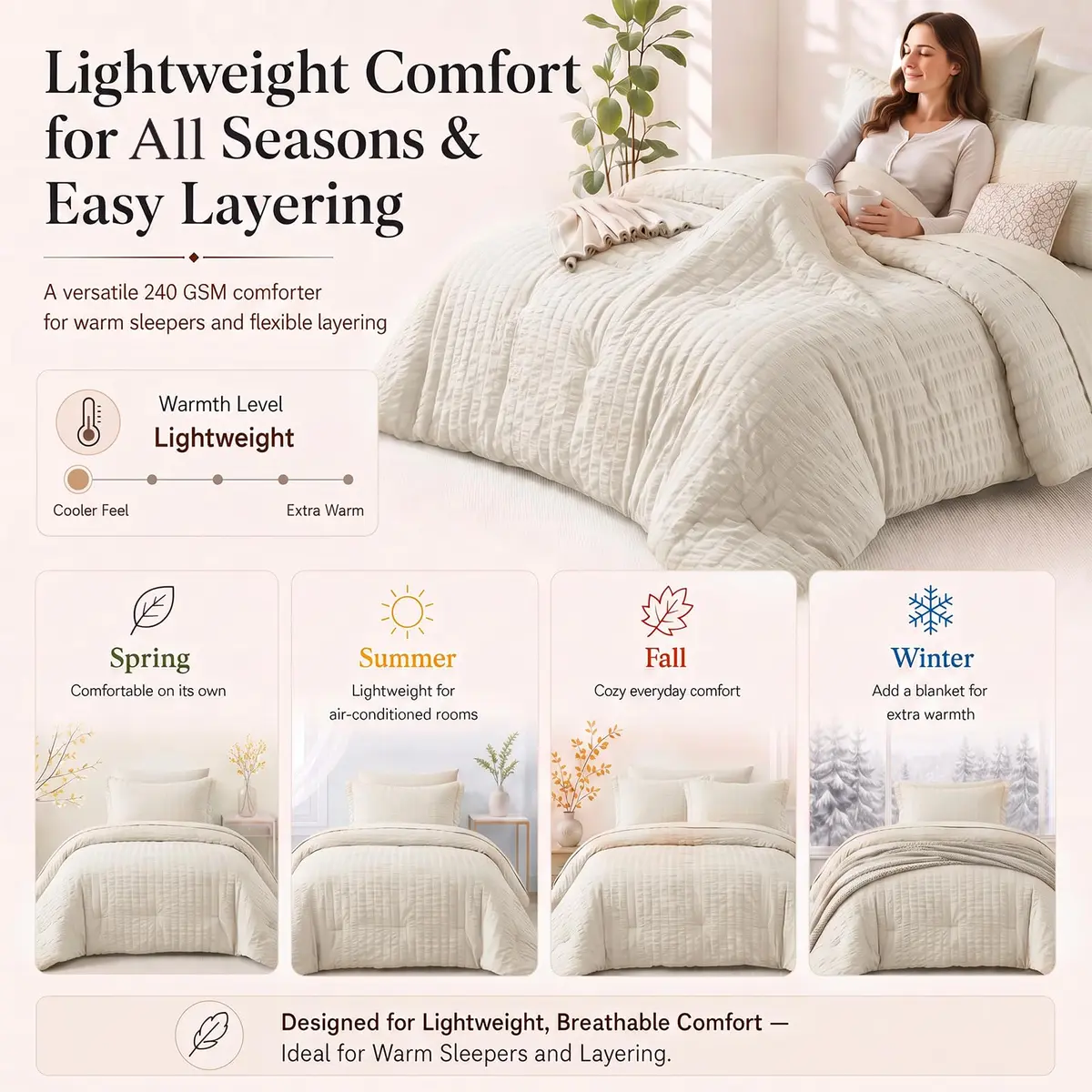 CozyLux Oversized King Comforter Set 120x98 in (305x249 cm), 7-Piece Beige Seersucker Bedding Set | OEKO-TEX Certified - view 8