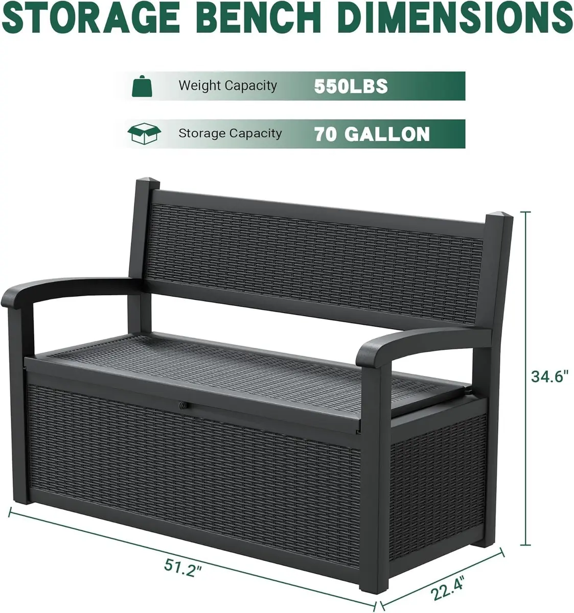 LHBcraft 70 Gallon Lockable Outdoor Storage Bench Waterproof | Heavy-Duty Garden & Patio Seat - view 3