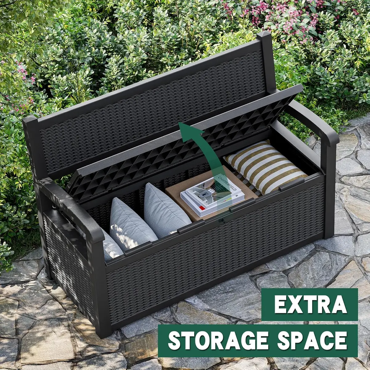 LHBcraft 70 Gallon Lockable Outdoor Storage Bench Waterproof | Heavy-Duty Garden & Patio Seat - view 4