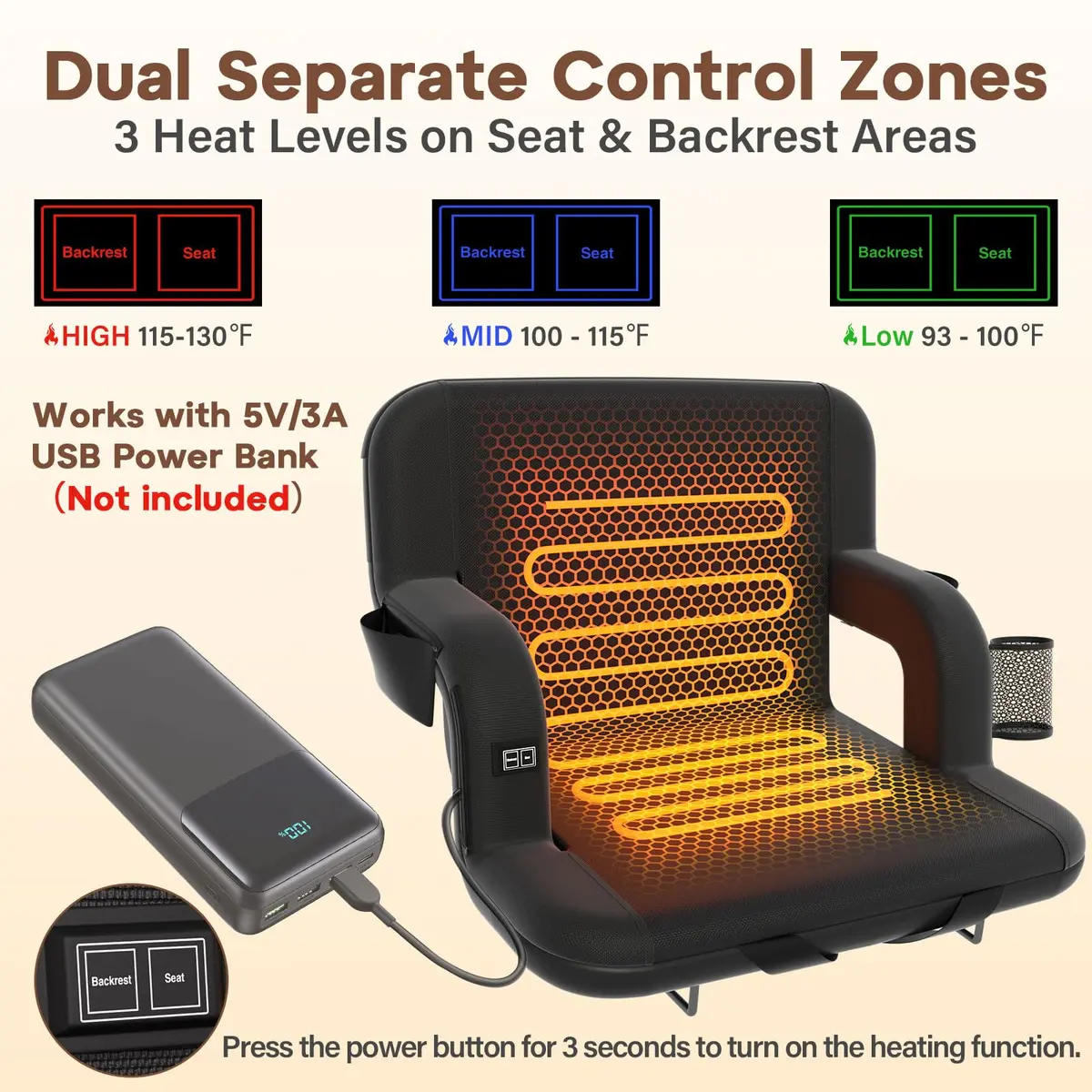 DEKEMASTER 23'' Heated Stadium Seat for Bleachers with Back Support | Portable, 3 Heat Levels, 6 Reclining Positions, Waterproof & Supportive (70-120 chars) - view 4