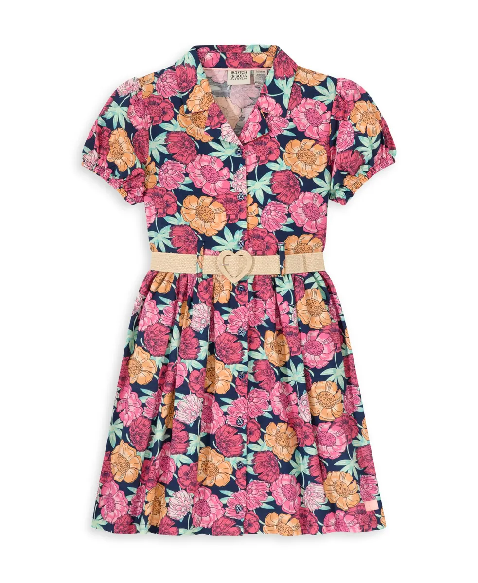 Scotch & Soda Girls Floral Belted Dress, Sargasso Floral, M | Whimsical Summer Style for Girls - main product image