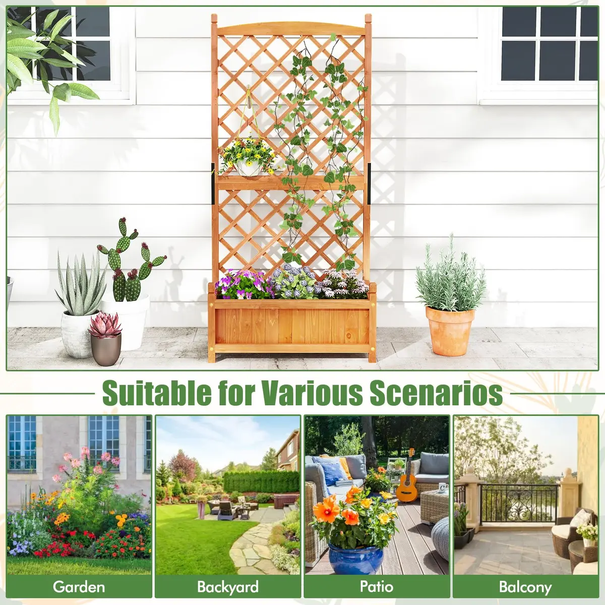 HAPPYGRILL 60” Raised Garden Bed with Trellis | Large Wooden Planter for Fruits, Vegetables & Herbs - view 8