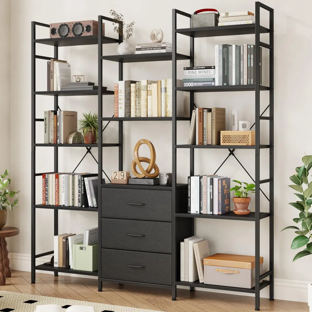 AFLUI Triple Bookshelf with 3 Fabric Drawers | 5-Tier Book Shelf & 10 Display Shelves, Black, 47'' Wide - main product image